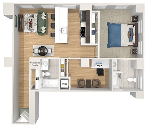 Floor plan for 1 bed, 2 baths, 920 sqft